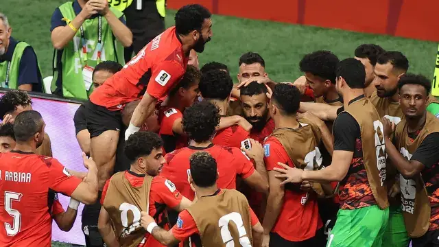 Mohamed Salah merayakan gol bersama pemain Mesir saat menghadapi Selandia Baru di Piala Dunia 2026.